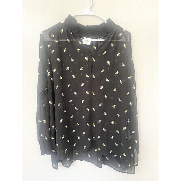 CABI #5338 Black Sheer Floral Embroiderd 3/4 Sleeve High Neck Top SIZE Small - Picture 3 of 11